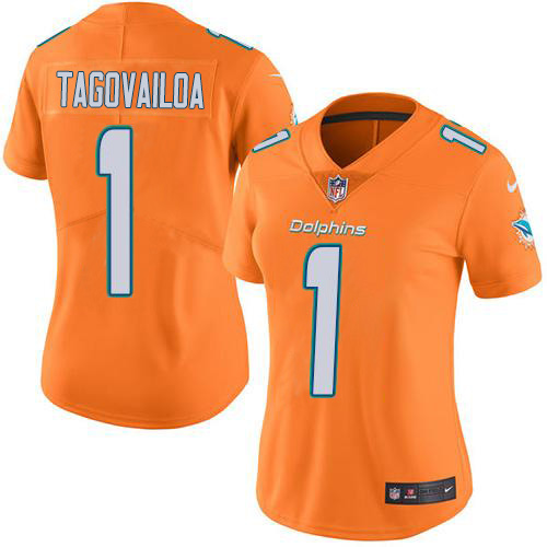 Nike Miami Dolphins 1 Tua Tagovailoa Orange Women Stitched NFL Limited Rush Jersey